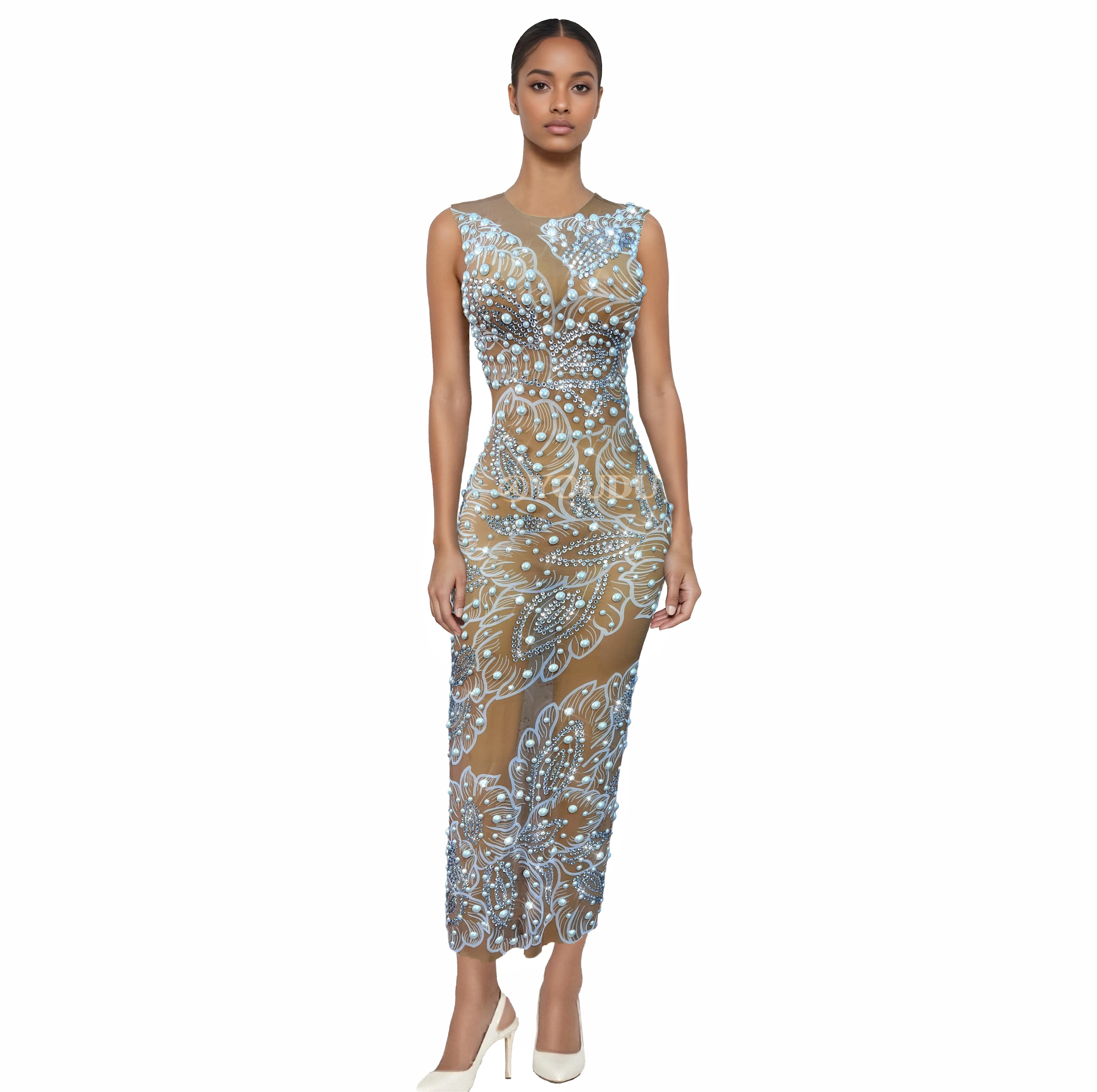 Seksowna Sukienka z Siateczki z Błyszczącymi Perłami i Cyrkoniami, Dopasowana, na Koktajl, Wieczorowa, na Czerwony Dywan, Elegancki Kostium, Zhuhualuo