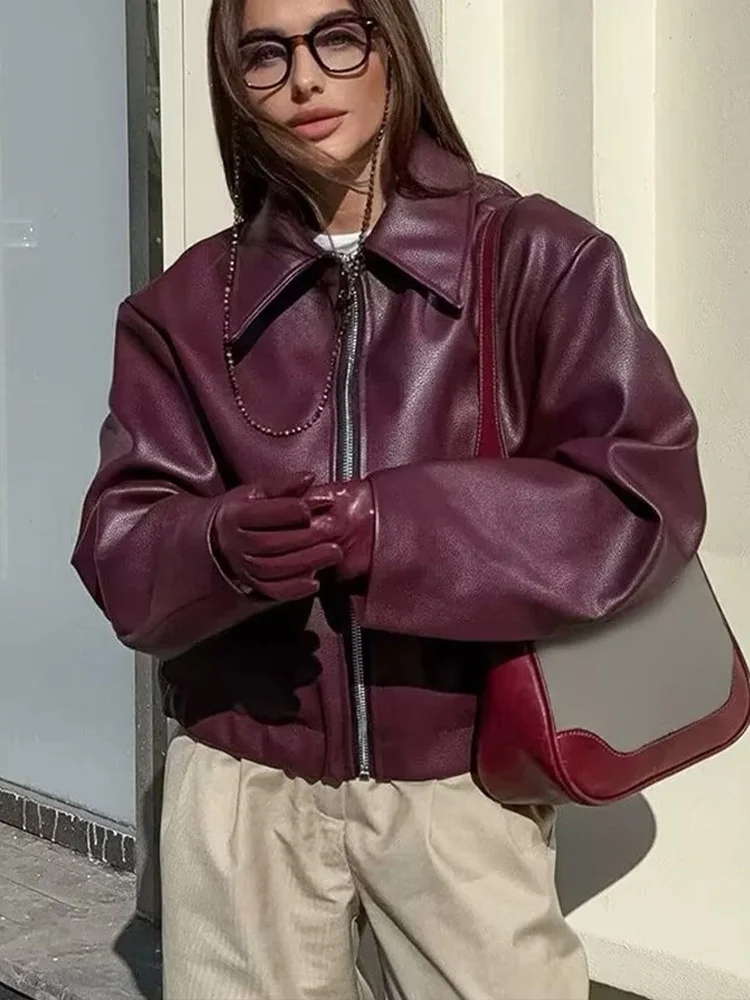 

HH 2025 Vintage Women's Faux Leather Cropped Jacket Autumn Long Sleeved Zipper Pocket Bomber Coats Female Chic Outwear