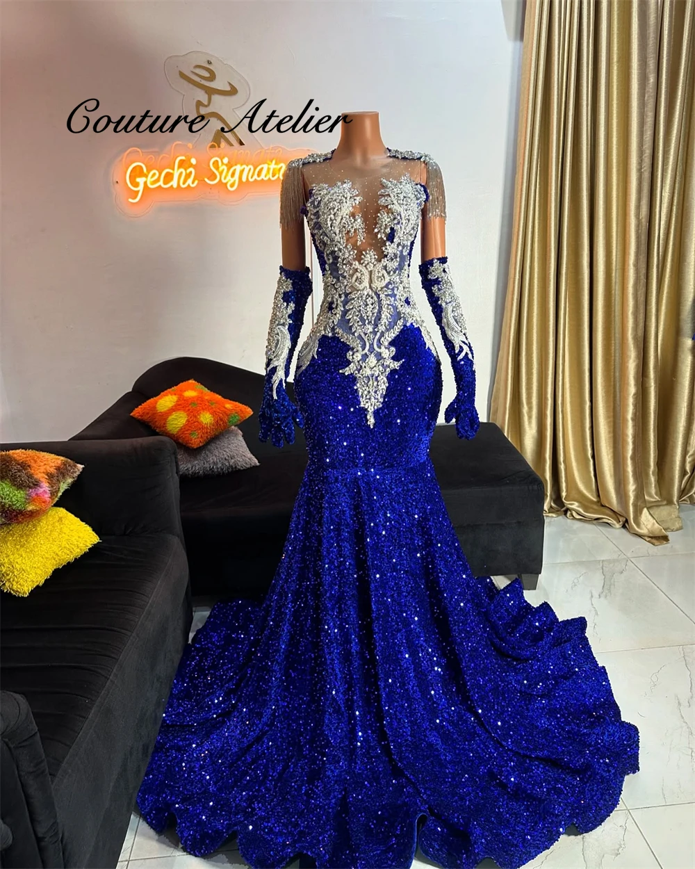 مصمم الأزرق الملكي الترتر فستان الحفلة الراقصة الفاخرة الفتيات السود مع قفازات فستان الزفاف حفلة عيد ميلاد أفريقيا مثير تألق مخصص #1