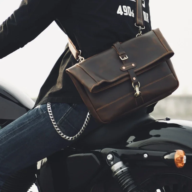 Top Grain Leather Shoulder Bag Biker Men's Crossbody Retro Motorcycle Backpack Versatile Casual Pack Durable Travel Companion