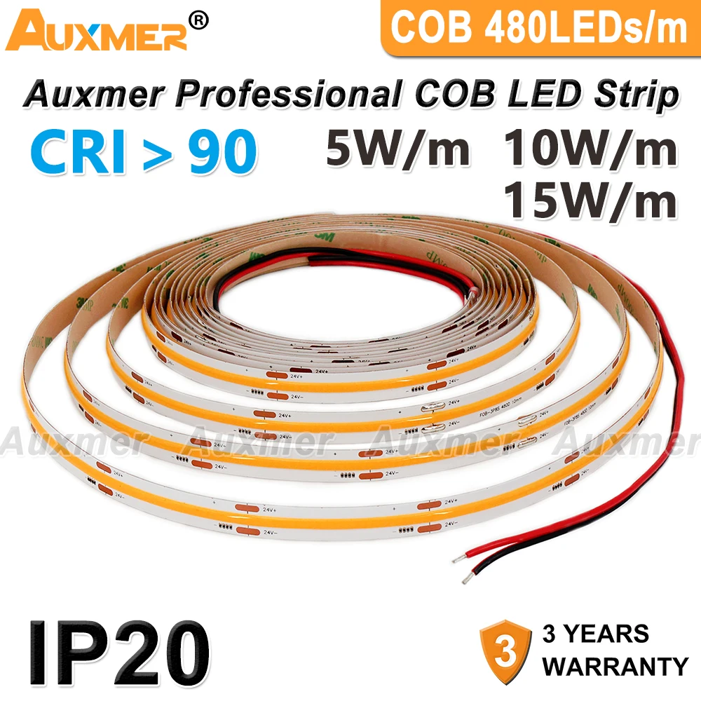 Professional COB 480LEDs/m LED Strip Light, CRI90 High Density LED Ribbon Tape 2700-6500K,IP20, Led Lights for Room DC12V24V