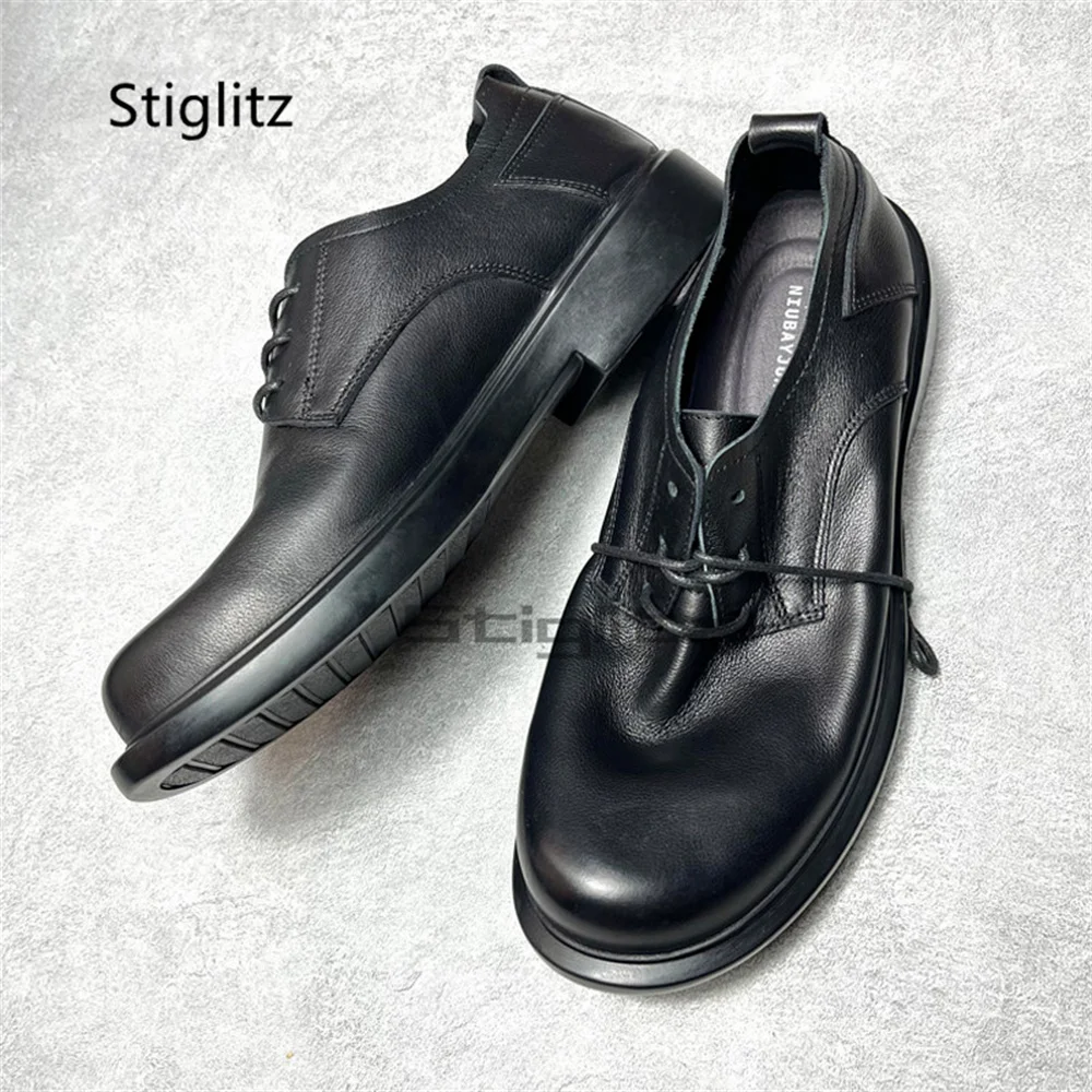 

Black Leather Lace-Up Casual Shoes Round Toe British Style Handmade Men's Shoes Thick Sole Derby Shoes Comfortable Outdoor Shoes
