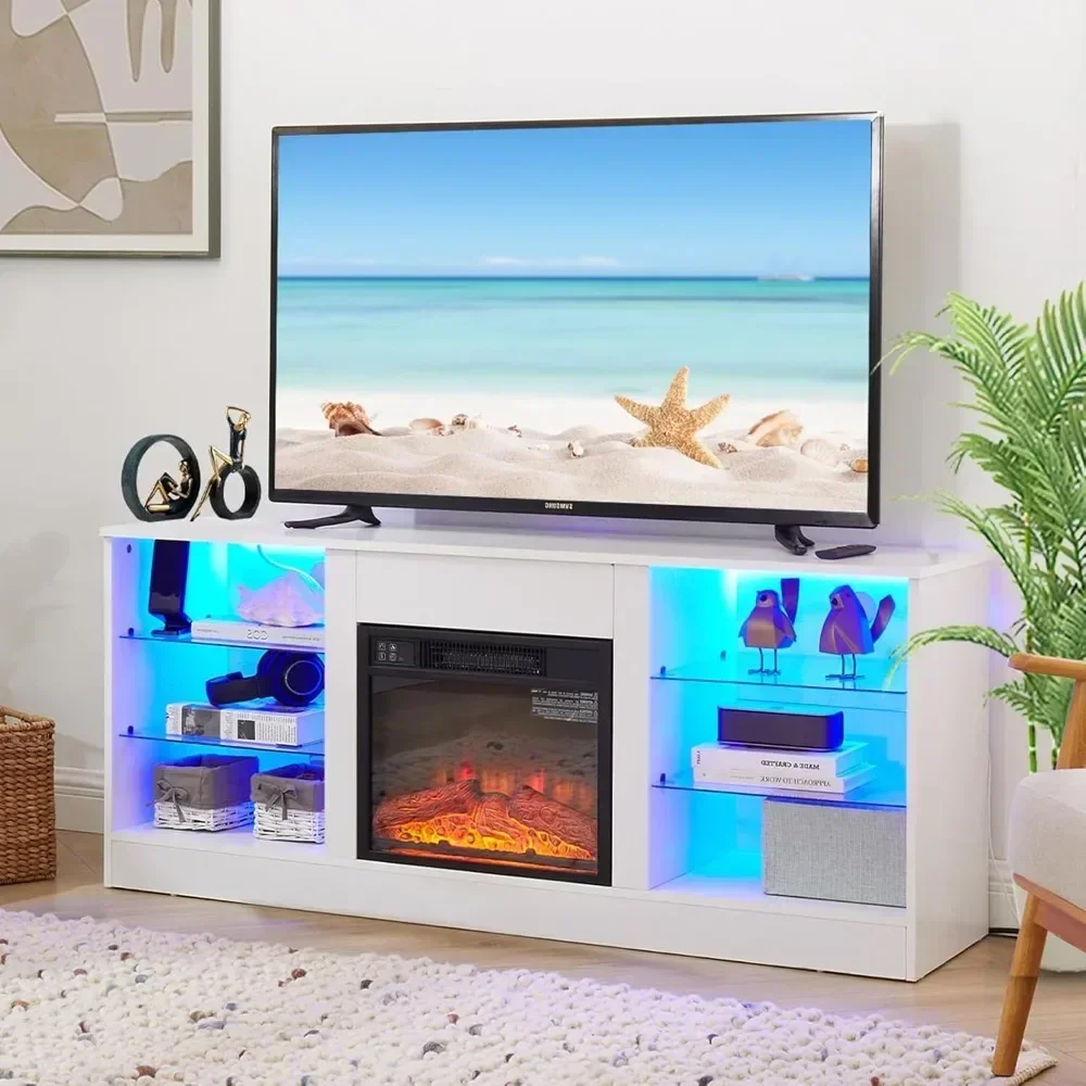 Cheminée Meuble TV avec lumières LED, console TV moderne avec cheminée électrique dans le salon chambre à coucher, pour téléviseurs jusqu'à 65 ".