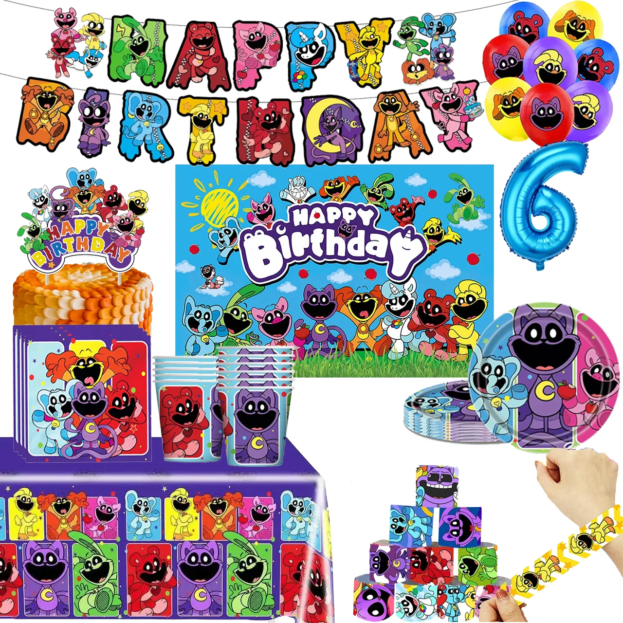 Smiling Critters Birthday Party Decoration Supplies Tableware Set Plate Balloons Banner Slap Bracelets for Kids Baby Shower