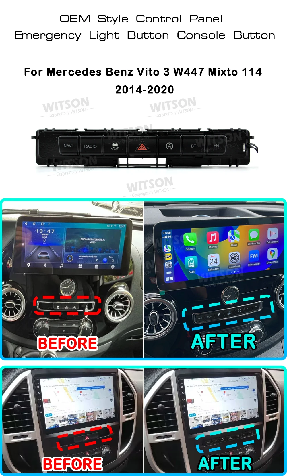 WITSON For Mercedes Vito 3 W447 Mixto 114 2018 2020 Manually Set Compatible With 99% Of Android Screens Emergency Light Button