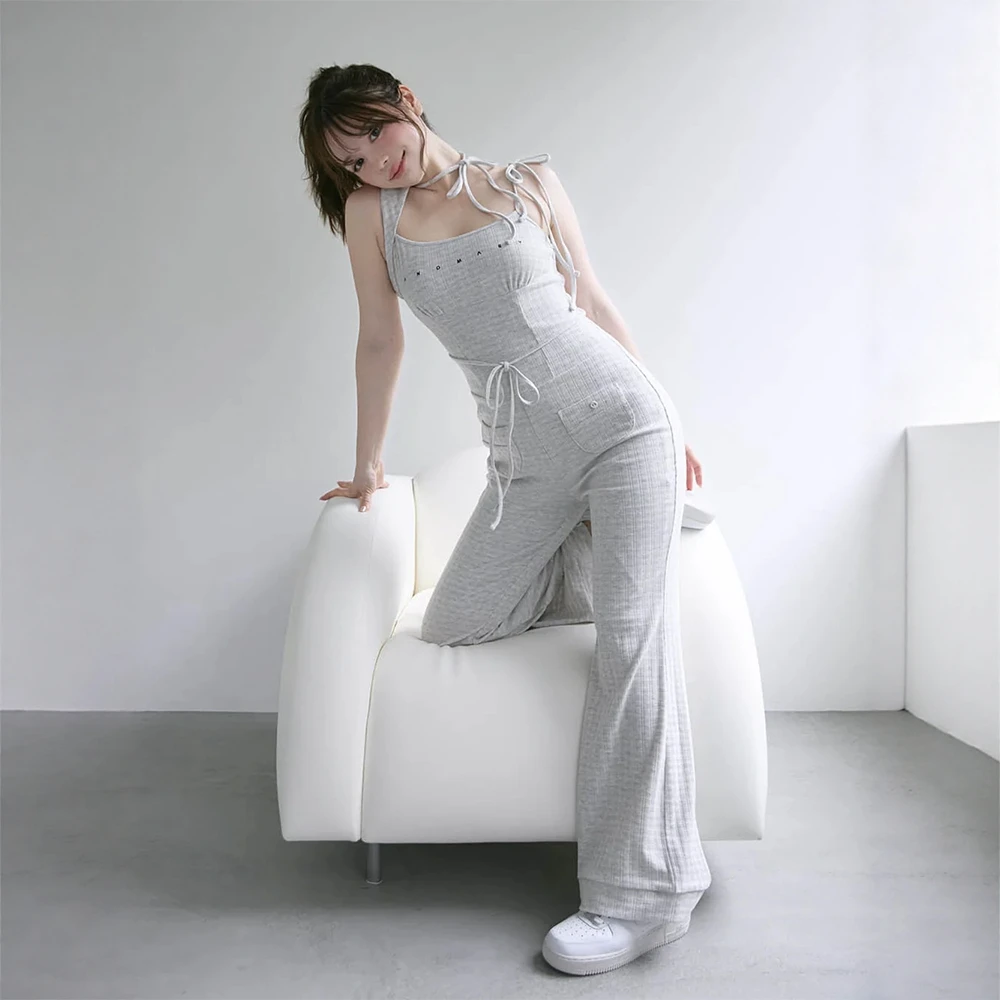 Combinaison sans manches en tricot irrégulier, douce mode japonaise, à lacets, épaules dénudées, pantalon Long, mignonne fille, flatteuse, élégante