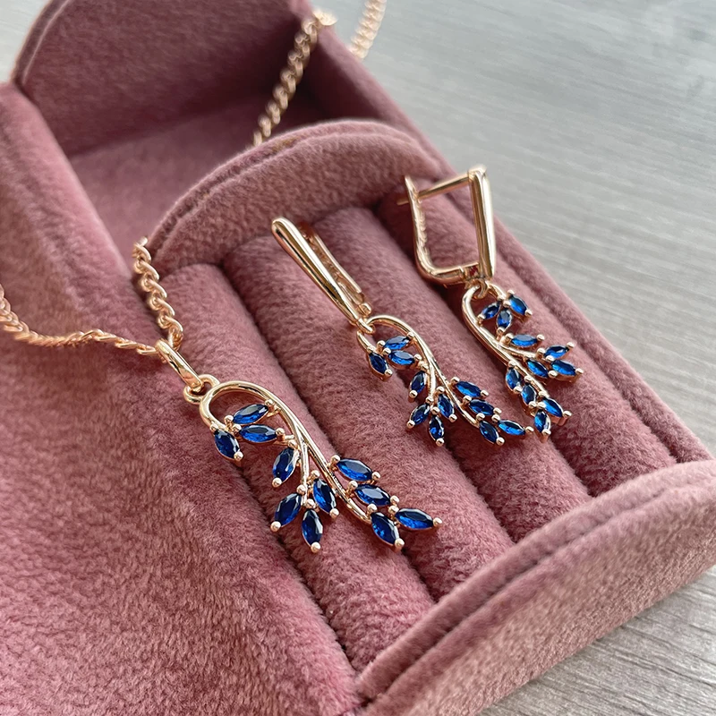 SYOUJYO Blue Natural Zircon Leaf Shape Dangle Earrings For Women 585 Rose Gold Color Long Earrings Party Gift