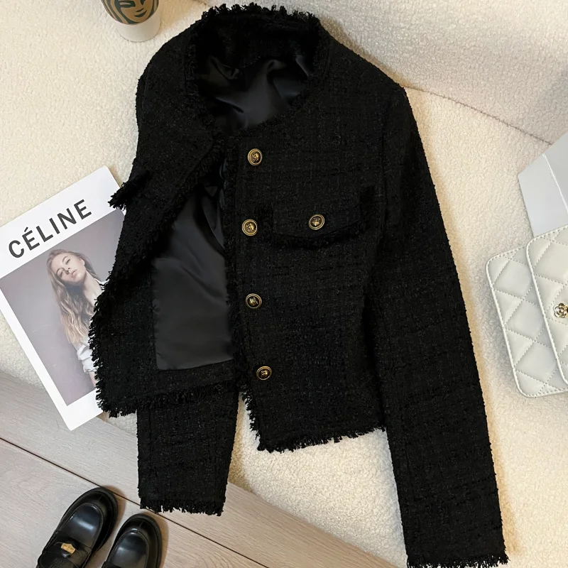 

Black French Small Fragrance Long Sleeve Coat Women's Autumn Winter New High Quality Tweed O Neck Tassel Casual Basic Coat