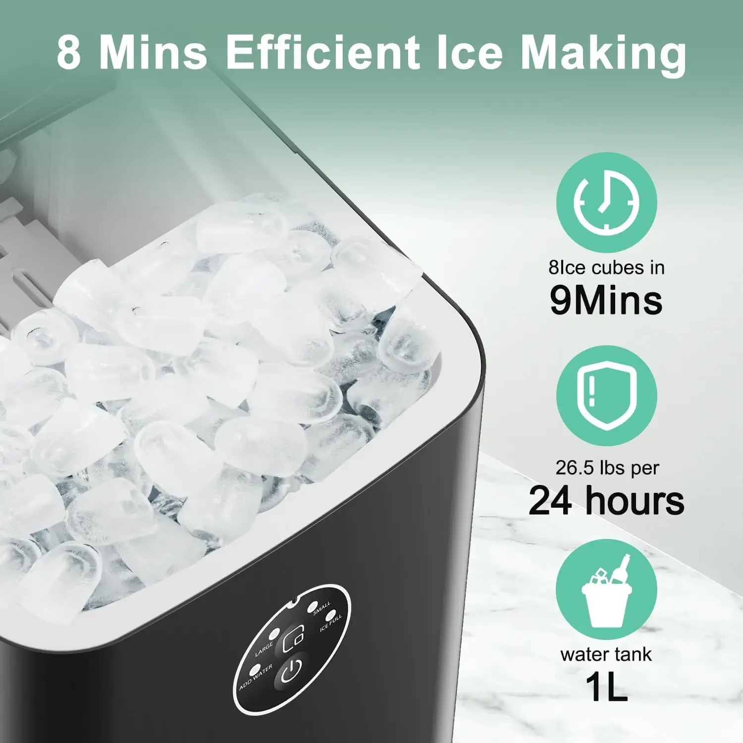 Rápido 6-Minute Countertop Ice Maker Machine, limpeza automática, adequado para acampamento ao ar livre, festa e cozinha, preto, Quali