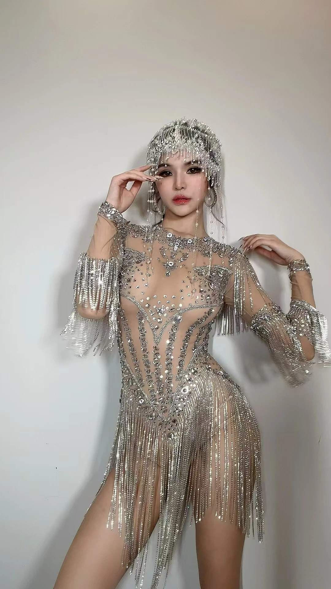 Women High-end Sparkly Rhinestone Tassel Bodysuit Party Stage Performance Sexy Bodysuit Dance Wear Latino Dance Dress Yixing