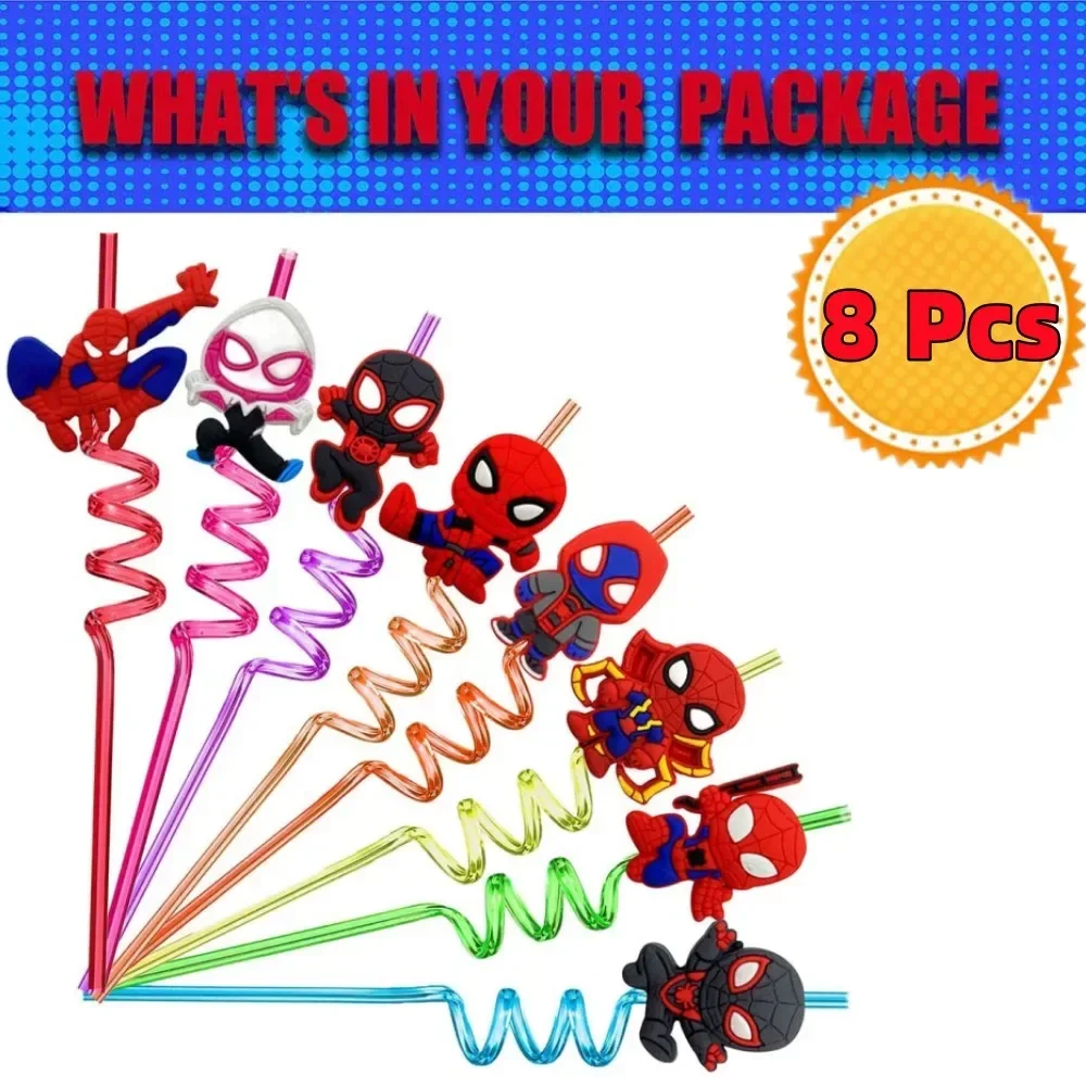 8pcs Spidey and His Amazing Friends Theme Drinking Straws Kids Birthday Party Decorations Baby Shower Spiderman Party Supplies