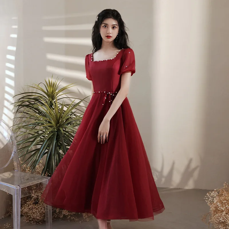 Burgundy Beaded Wedding Dress Wome Square Neck Bubble Short Sleeve With Belt Tulle Prom Gown Elegant Modern Evening Dresses