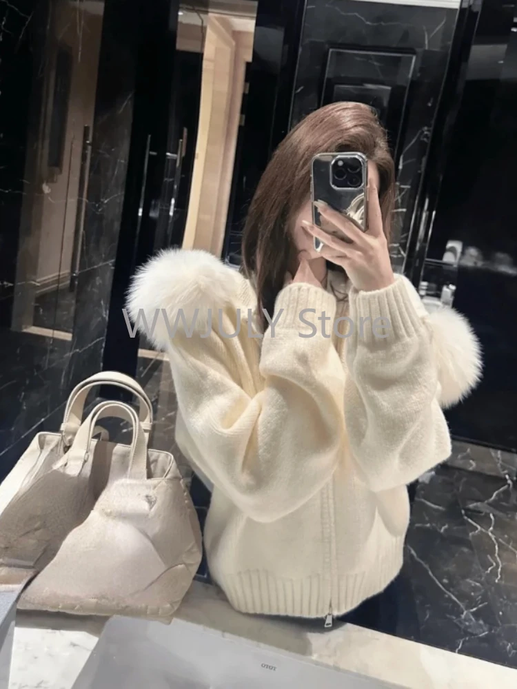 Autumn Winter Fur Hooded Knitted Sweater Woman Zipper Casual Long Sleeve Cardigan Outwear Fashion Warm Pullover New Chic