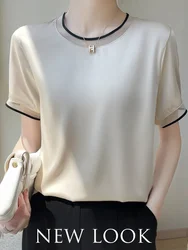 Fashion Women's T-shirt Short Sleeve Silk Oversized T-shirt O Neck Casual Satin Tees Summer Solid Champagne Loose T-shirts Woman