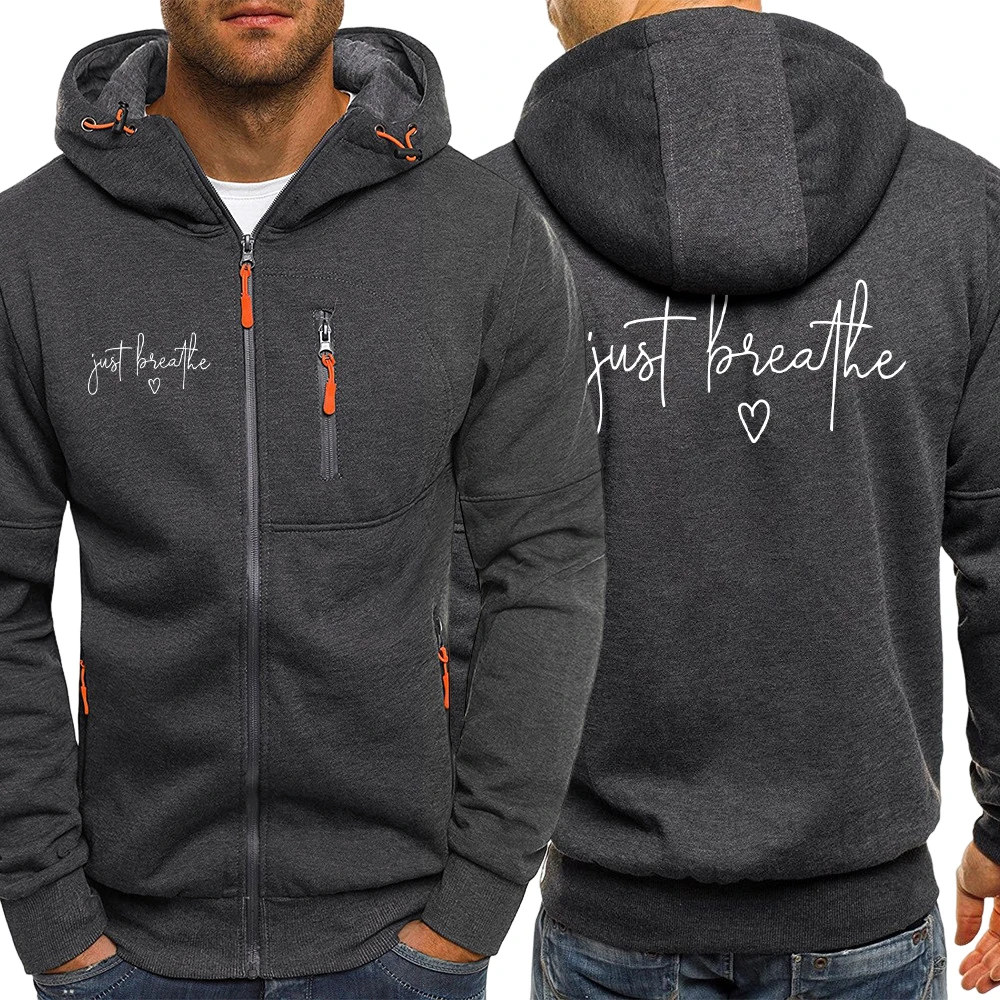 

Мужские куртки на молнии с буквенным принтом Just Breathe Love Art, модные флисовые теплые толстовки, осенняя повседневная мужская одежда