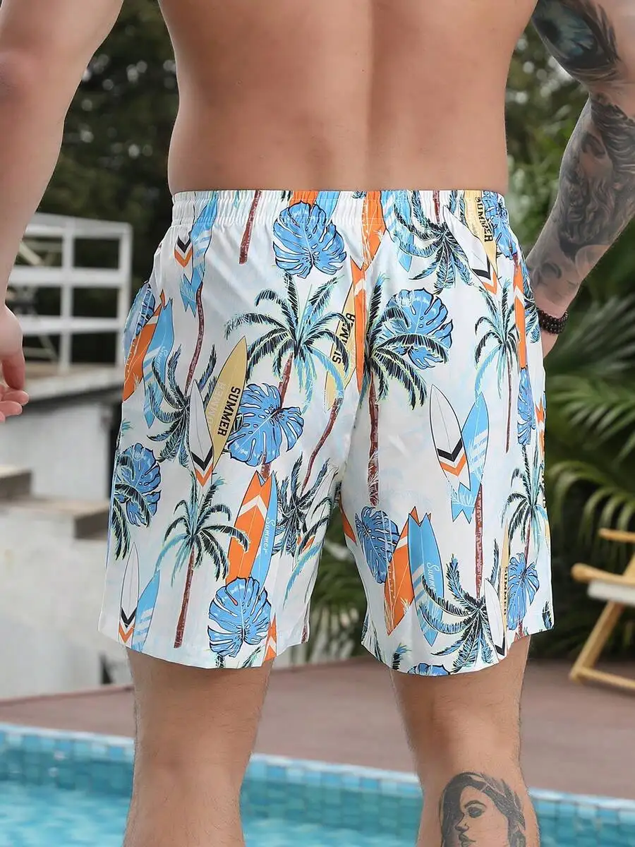 

Polyester Tropical Print Drawstring Beach Shorts For Men