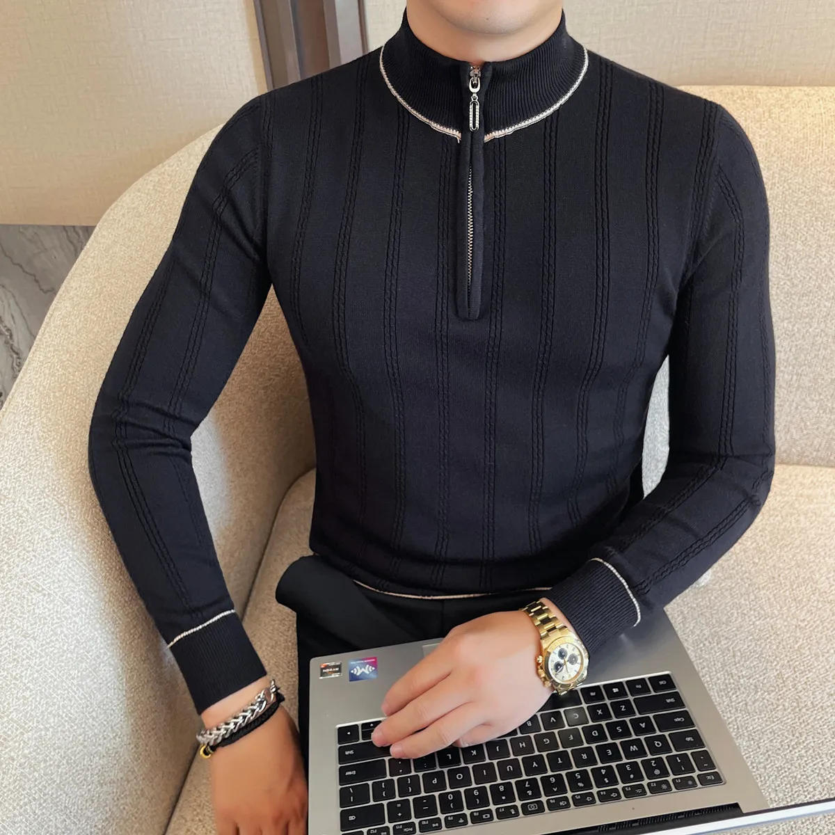 2025 Men's Half High Collar Zipper Knit Sweater Autumn Winter Slim Elastic Base Shirt Sweater Striped Pullover Men's Clothing