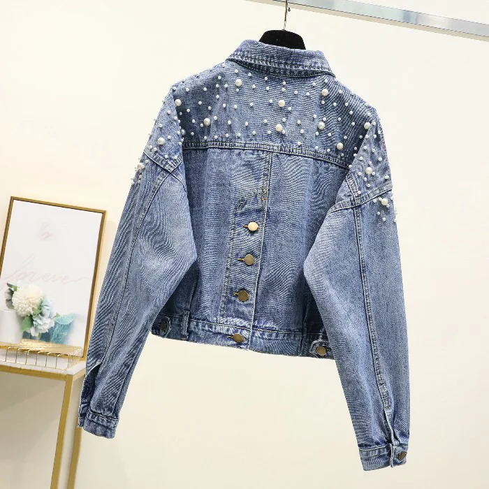 

2025 Early Fall Beaded Denim Jacket: Flattering Cropped & Oversized Women's Coat, Versatile Chic