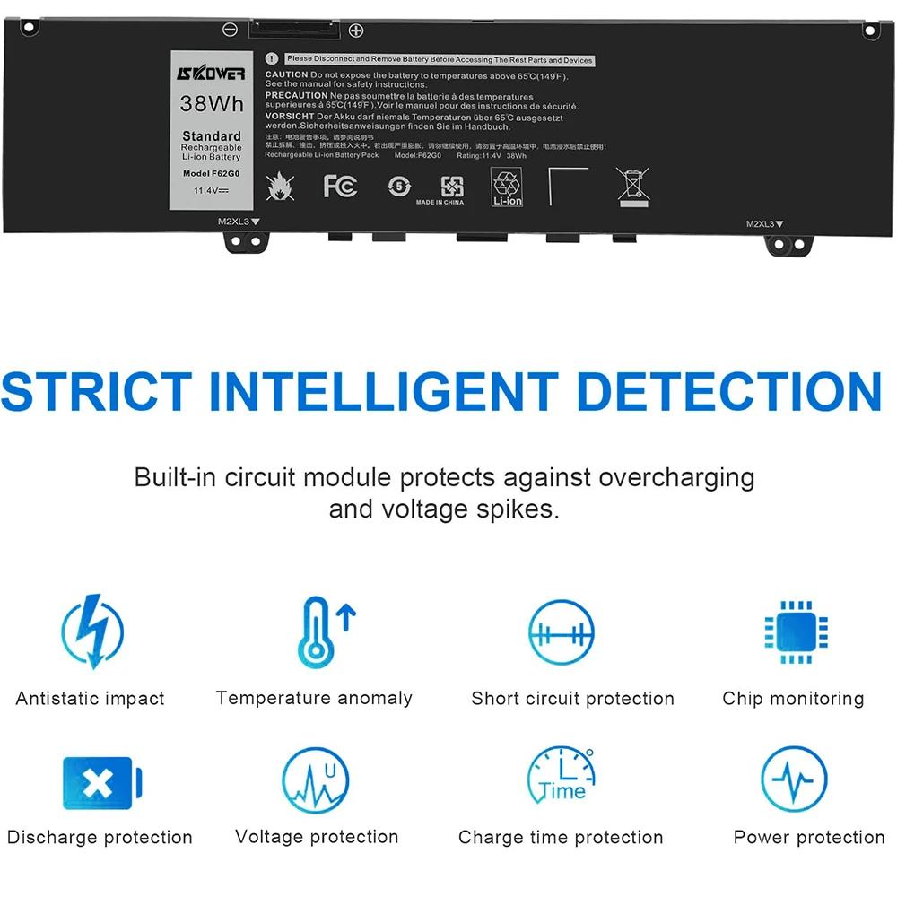 بطارية كمبيوتر محمول SKOWER 38Wh F62G0 لأجهزة Dell Inspiron 13 7000 7373 7386 2-in-1 7370 7380 P83G P87G P91G 39DY5 RPJC3 Vostro 13 5370