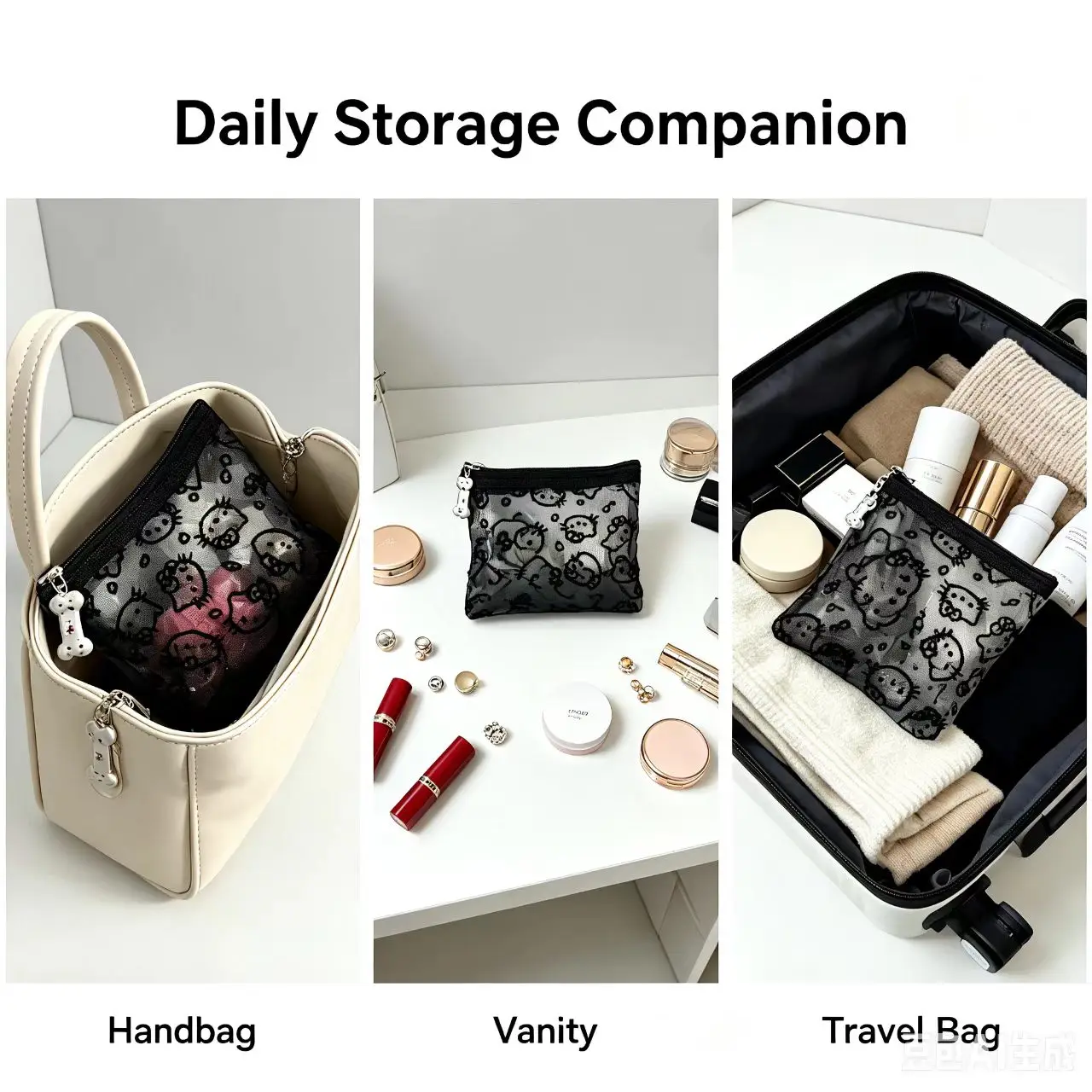 Mesh Cosmetic Bag Transparent Zipper Pouch Cartoon Print Portable Mini Storage Bag Travel Makeup Organizer Small  Purse view 4