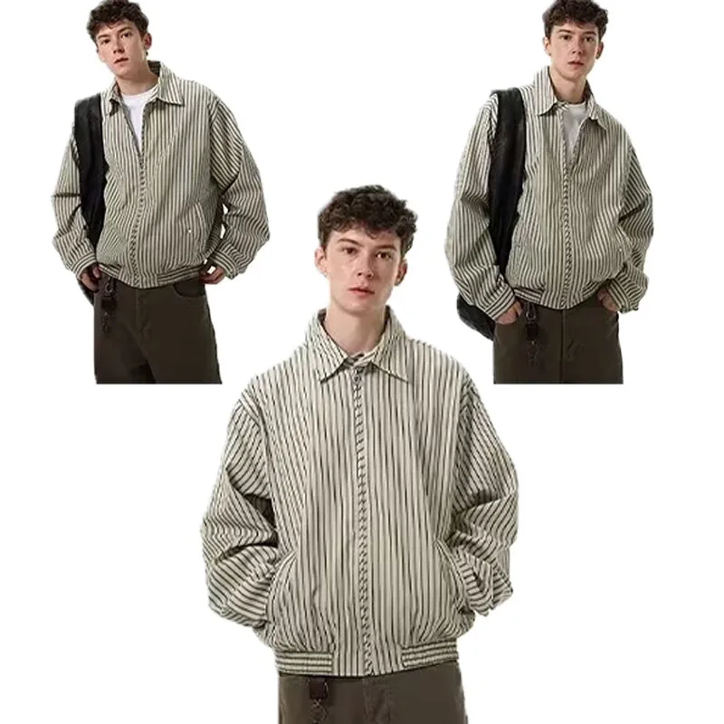 

Autumn American retro striped men's jacket long sleeved zipper lapel loose casual pilot jacket men's jacket street trend