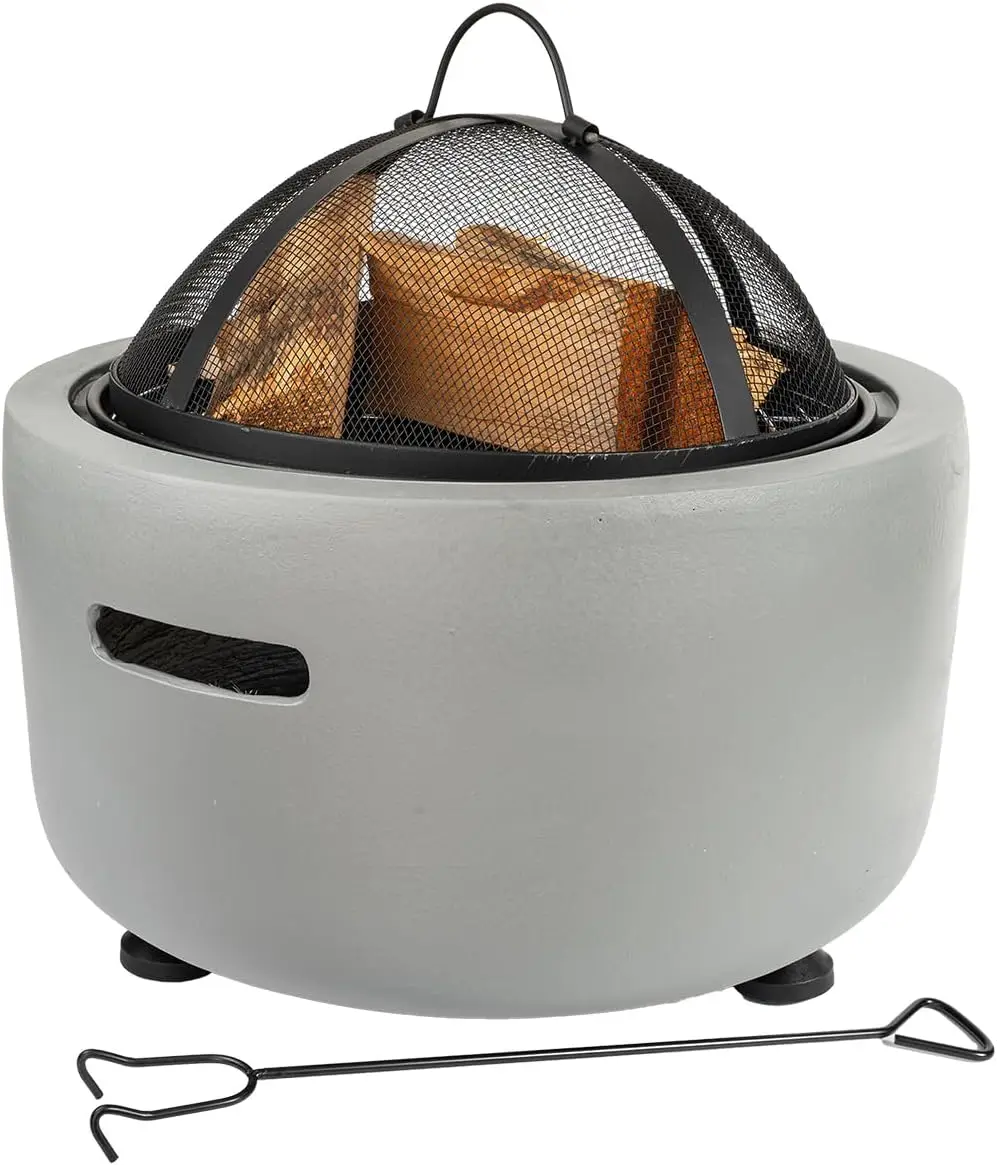 

18" Round Concrete Charcoal Wood Burning Fire Pit, Magnesium Oxide Spark Screen, Fireplace Poker, Grate, BBQ Grill Firepi