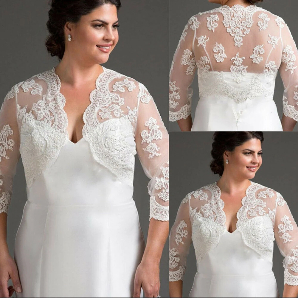 

Plus Wedding Jackets Appliques Bridal Boleros Front Open 3/4 Sleeve Lace Top Shawl Shrug