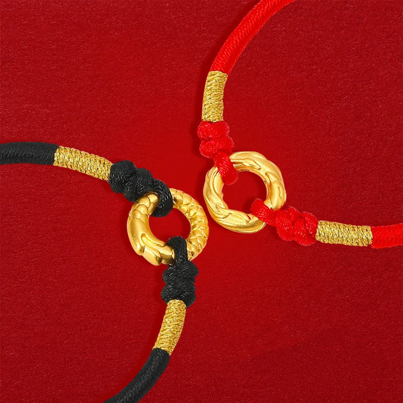 

1pcs Pure Gold Bracelet Women's Real 24K Yellow Gold Lucky Dragon Phoenix Circle Red String Lover Bracelet Jewelry Lover Gift