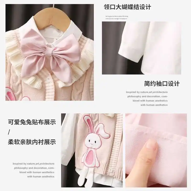 Fashion Girls 3pcs Sweater Sets One Breasted Patch Fluffy Sleeve Cardigan Coat+High Waist A-Line Pleated Skirt Two Pieces Suits