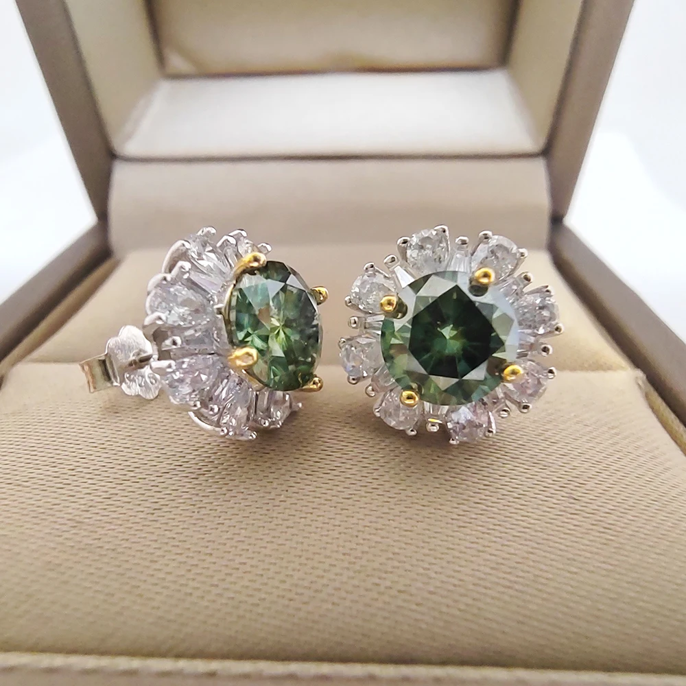 1CT Green Moissanite Stud Earrings with GRA Certificate S925 Silver Jewelry Wedding Party Birthday Gift