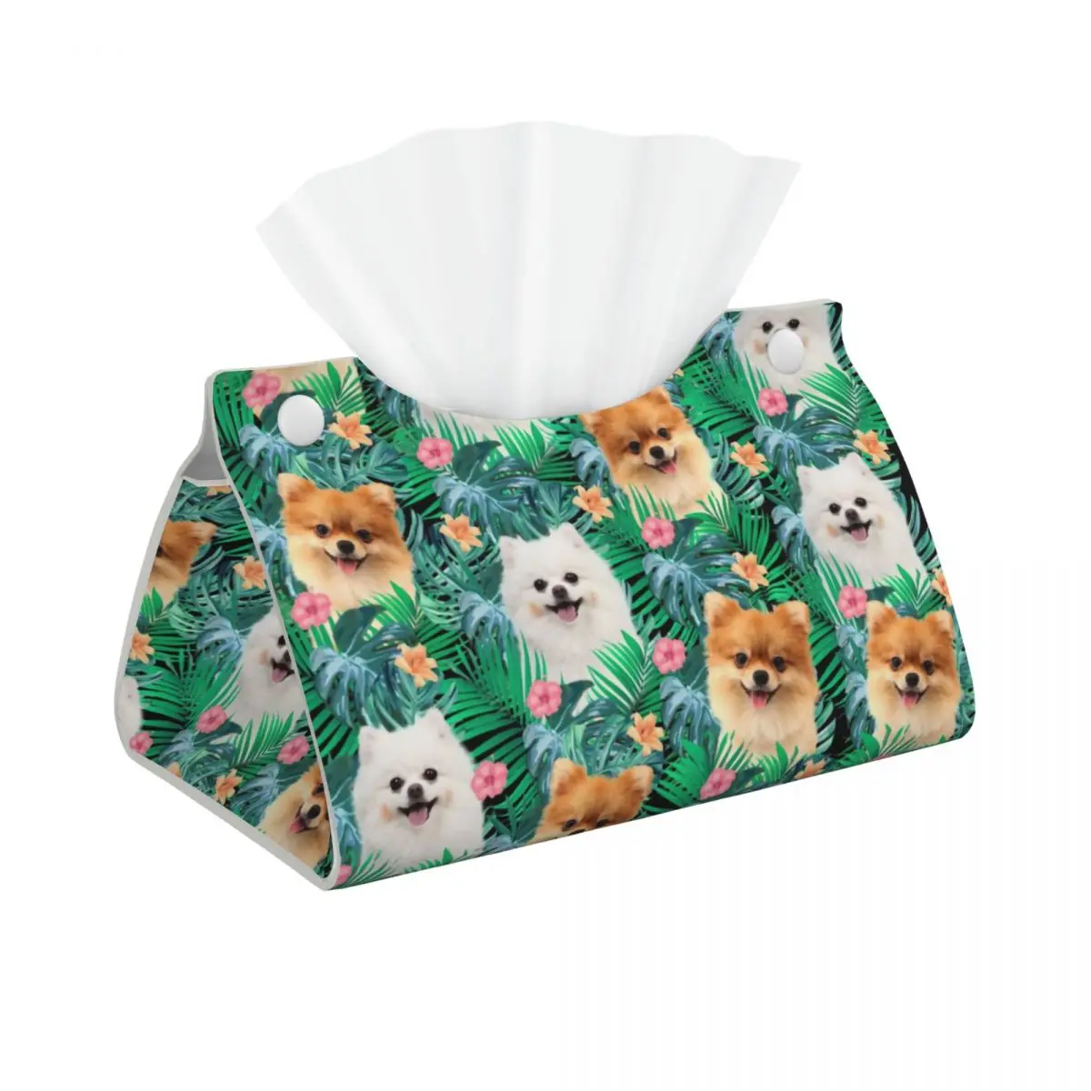 Custom Pomeranian Dog With Summer Leaf Tissue Box Cover for Home Pet Spitz PU Leather Rectangular Facial Tissue Box Holder