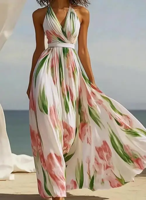

Women's Spring and Summer Seaside Romantic Vacation Style Print V-Neck Backless Waist Cinched Elegant A-Line Dress
