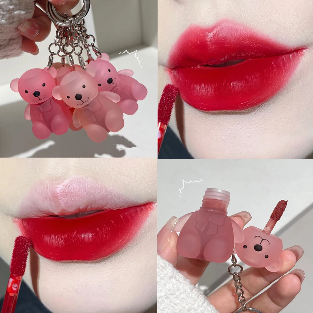 Waterproof Cute Bear Keychain Lip Gloss Lip Mud Long Lasting Non-Stick Cup Matte Nude Red Brown Lip Glaze Tint Korean Cosmetics