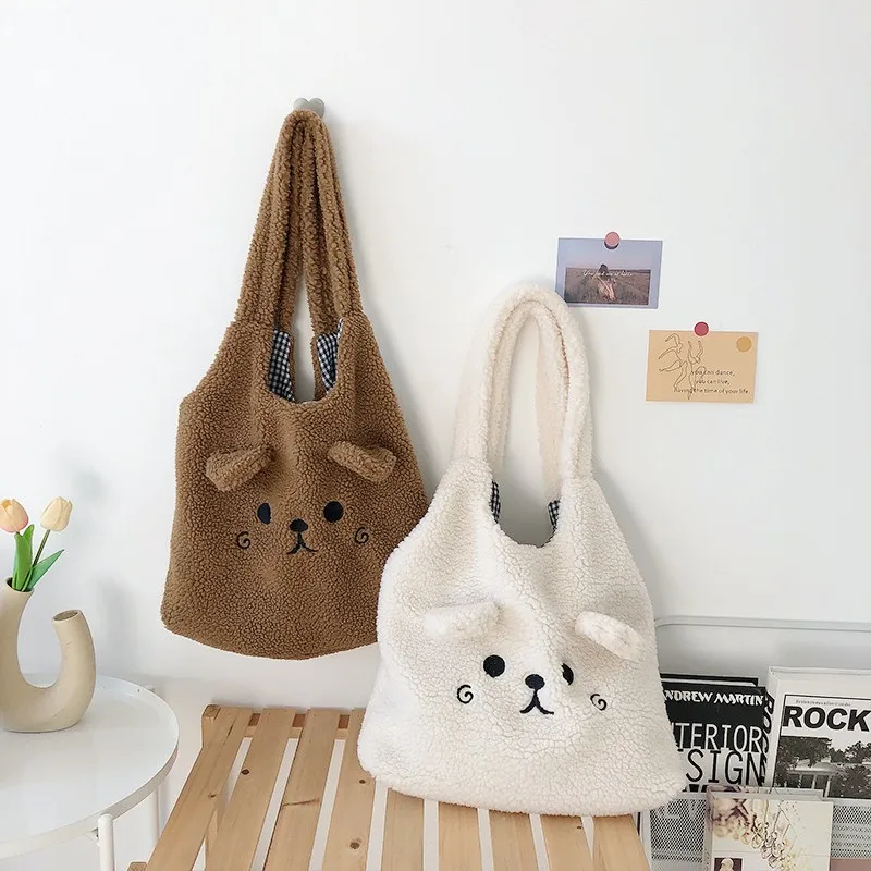 2023 Winter Soft Plush Tote Bag Cartoon Embroidery Imitation Lamb Hair Shoulder Bag for Women Shopper Bag Handbag Shopping Bag