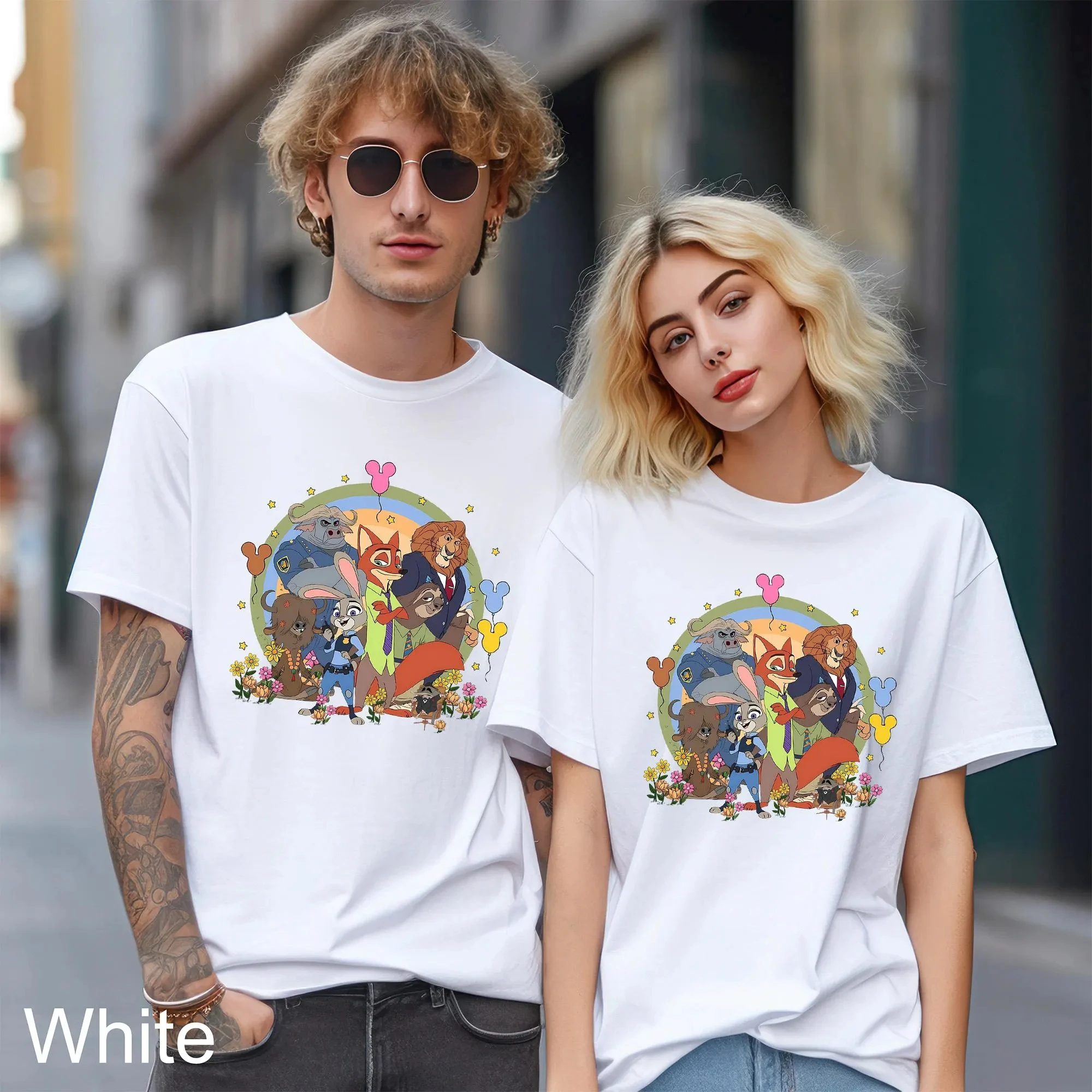 

Футболки с персонажами Зоотопии Диснея с интересными принтом, футболки с короткими рукавами для пар и семьи