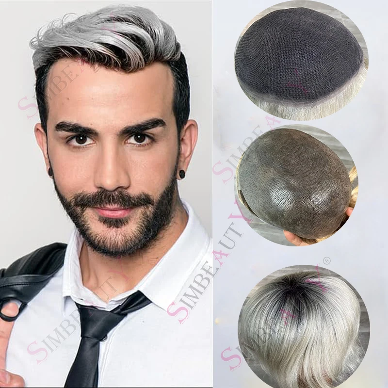 

Super Natural Hairline Full Swiss Lace Mens Toupee 60# Ombre Platinum Blonde #1B off Black Roots Thin Skin Human Hair Prosthesis