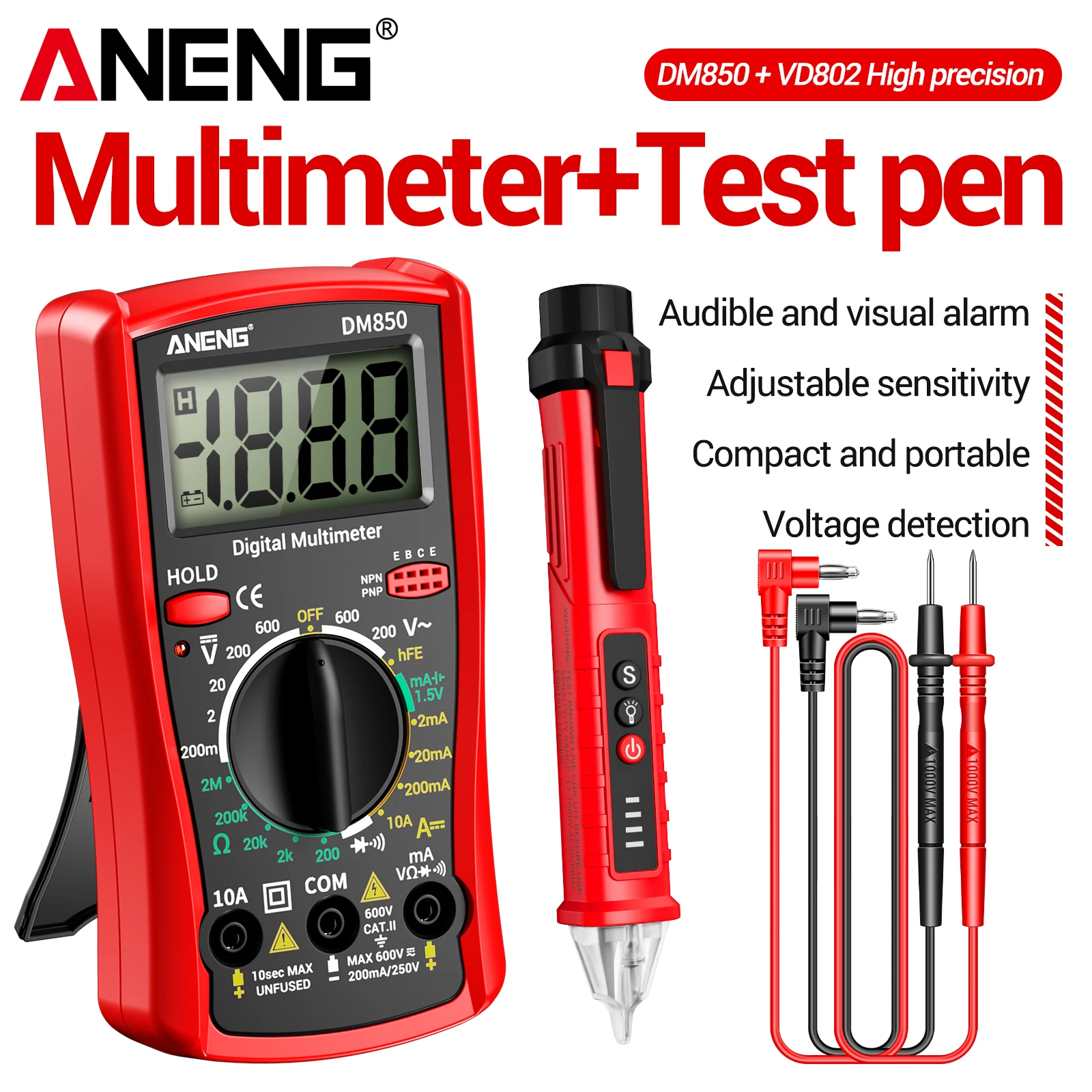 ANENG DM850+VD802 Kfz-Inspektionswerkzeug-Set 1999 Anzeigen Multimeter 12-1000V Berührungsloser Spannungsprüfer Stift für Kfz-Mechaniker
