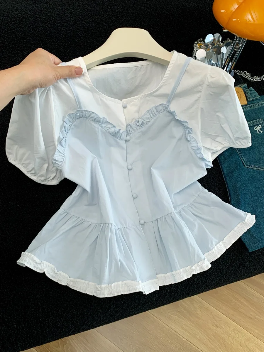 

Sweet Blue Polka Dot Strap Short Sleeve Shirt Women's Summer New Unique Beautiful Wood Ear Fake Two-Piece Top