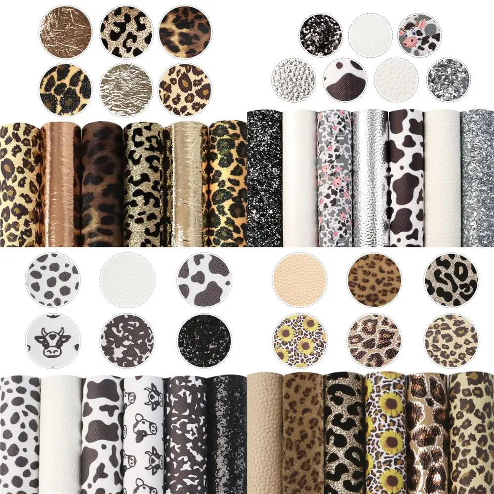 Leopard Cow Assorted Faux Synthetic Leather Sheet Fabric Set 20*33cm for Book Cover Bows DIY Handmade Material,1Yc22561