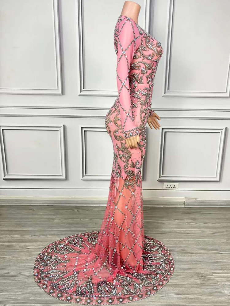 Luxury Women Floor Length Evening Prom Party Dress Crystal Wedding Photoshoot Dress Elastic Mesh Sing Stage Performance Costume