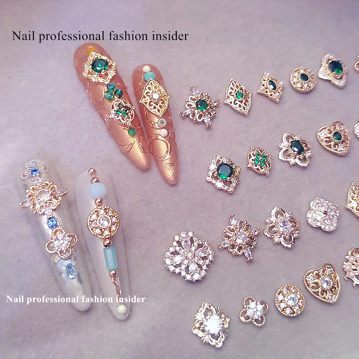 7 PCS Nail Art Accessories Super Flash Zircon New Nail Diamond Retro Green Gemstone metal nail art charms