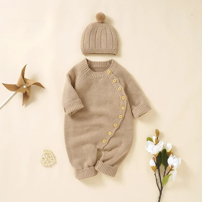 Boys Girls Jumpsuits Hats Outfits Sets Winter Solid Infant Netural Overall 0-18m Baby Rompers Knitted Autumn Long Sleeve Newborn