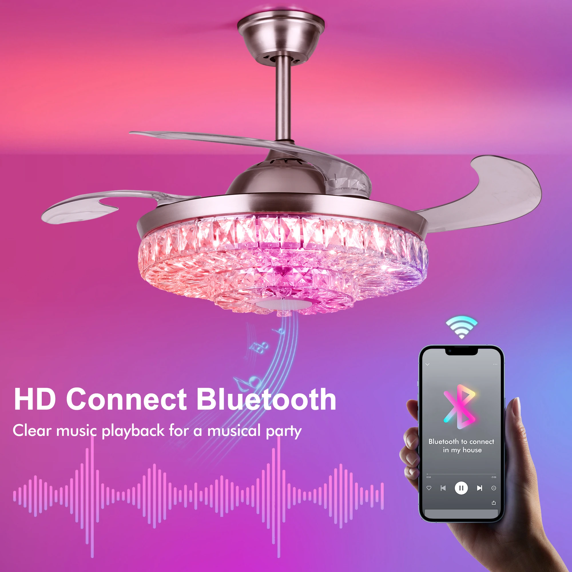 42 Inch Stylish Colorful Bluetooth Remote Control Invisible Ceiling Fan Pendant Light, LED 6-speed wind speed pendant light