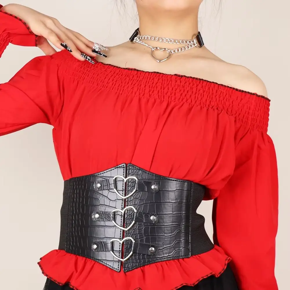 Personality PU Leather Love Buckle Cummerbunds High Waist Dress Girdle Female Waistband Elastic Wide Waist Belt Women