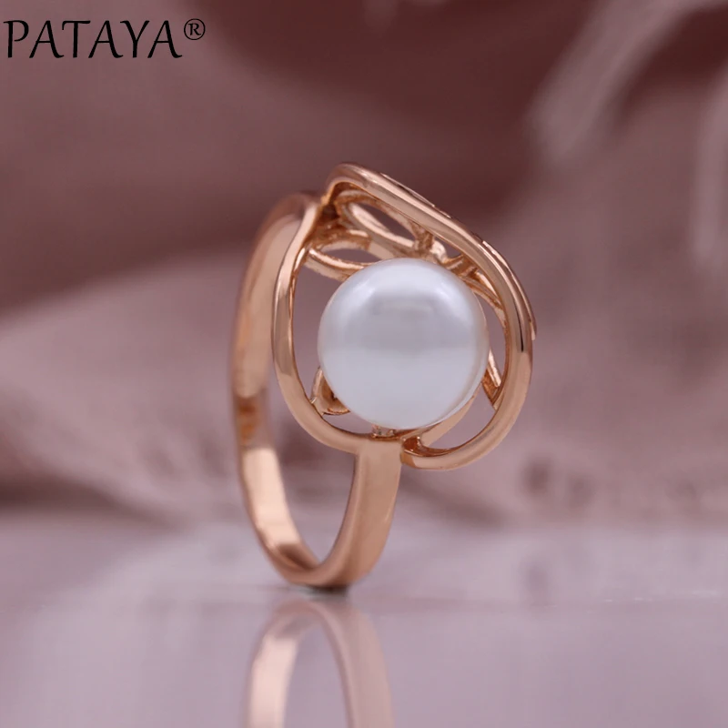 PATAYA New Hollow Shell Pearl Earrings Ring Set 585 Rose Gold Color Women Jewelry Christmas Gift Fine Style Set