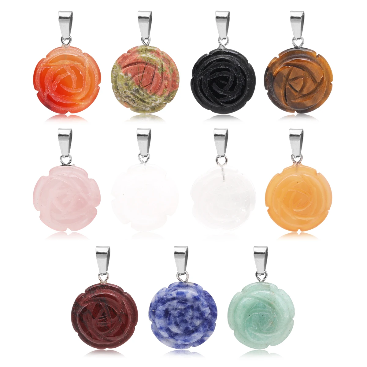 Natural Crystal Carved Rose Flower Stone Pendant Amethyst Quartz Agate Lapis Lazuli Jewelry Charm Chain Necklace For Women