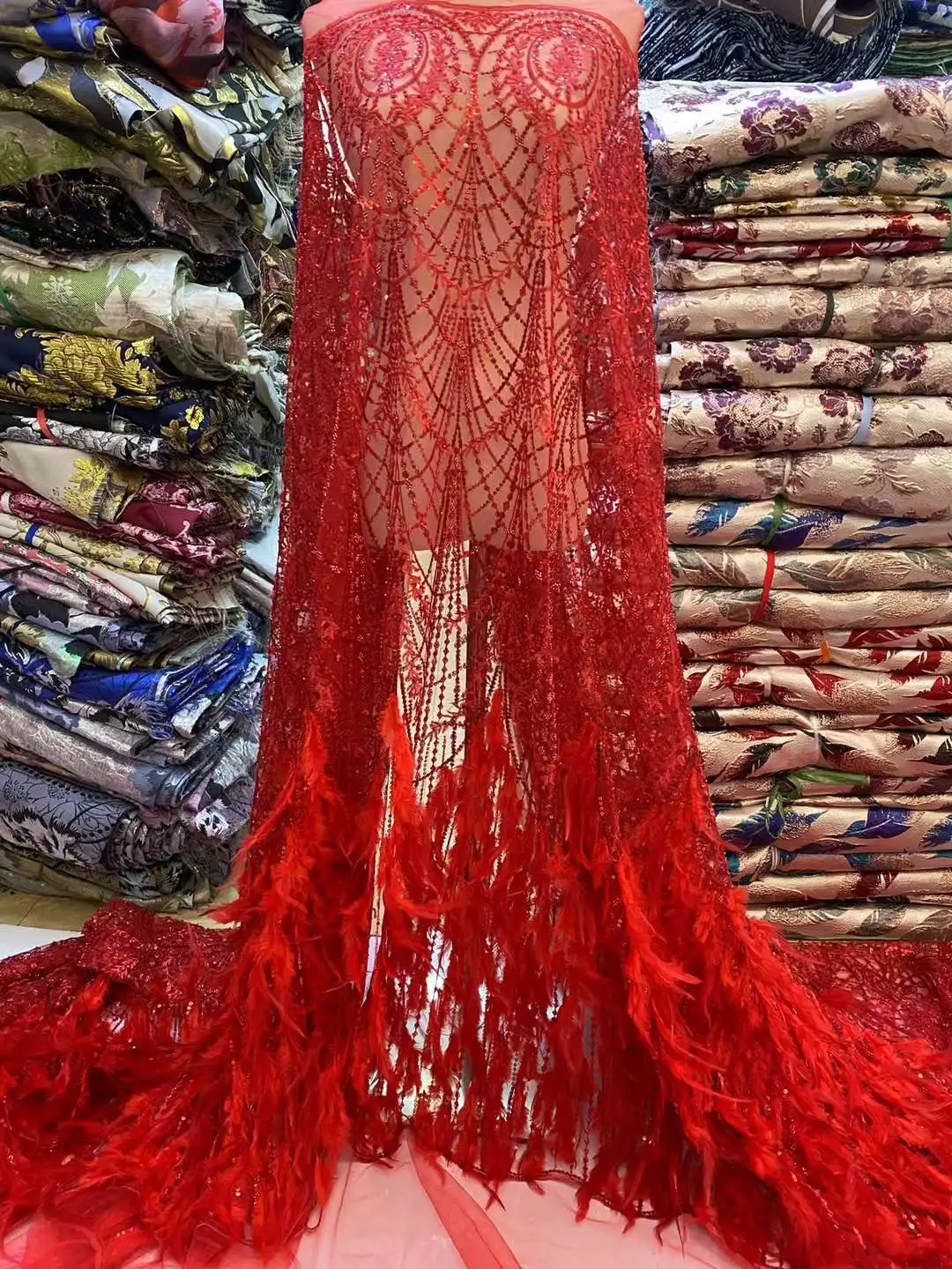 Red African 3D Feather Lace Fabric High Quality Embroidery French Beads Sequins Lace Fabric For Nigerian Wedding Party Dresses