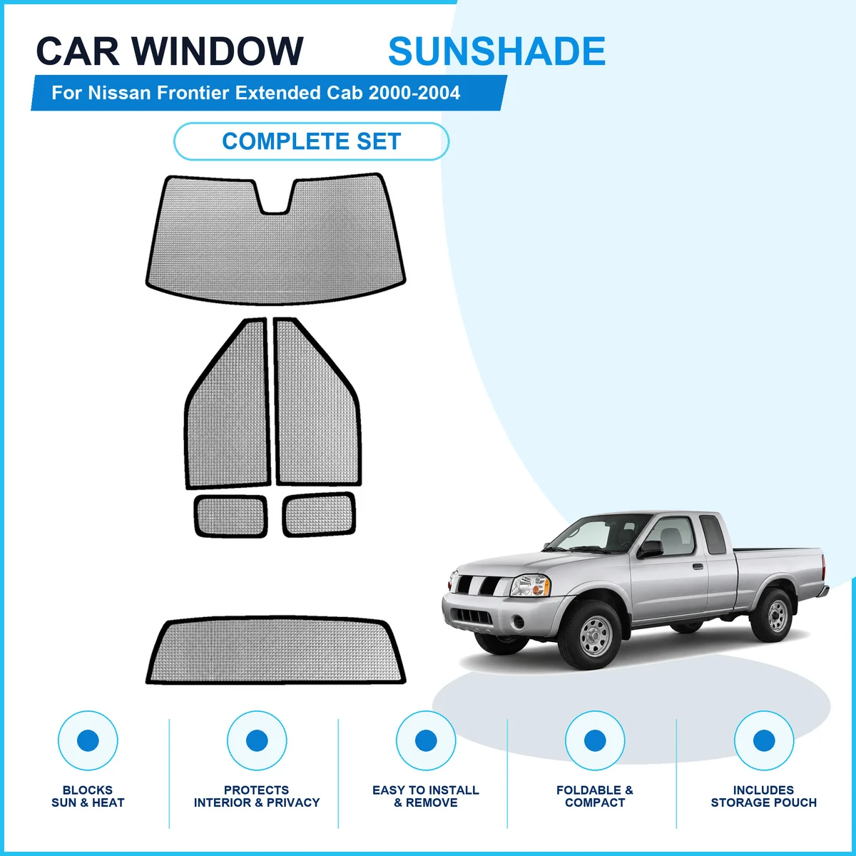 For Nissan Frontier Extended Cab 2000-2004 Custom Full Set Window Sunshades Aluminum Foil Suction Cup Anti UV Privacy