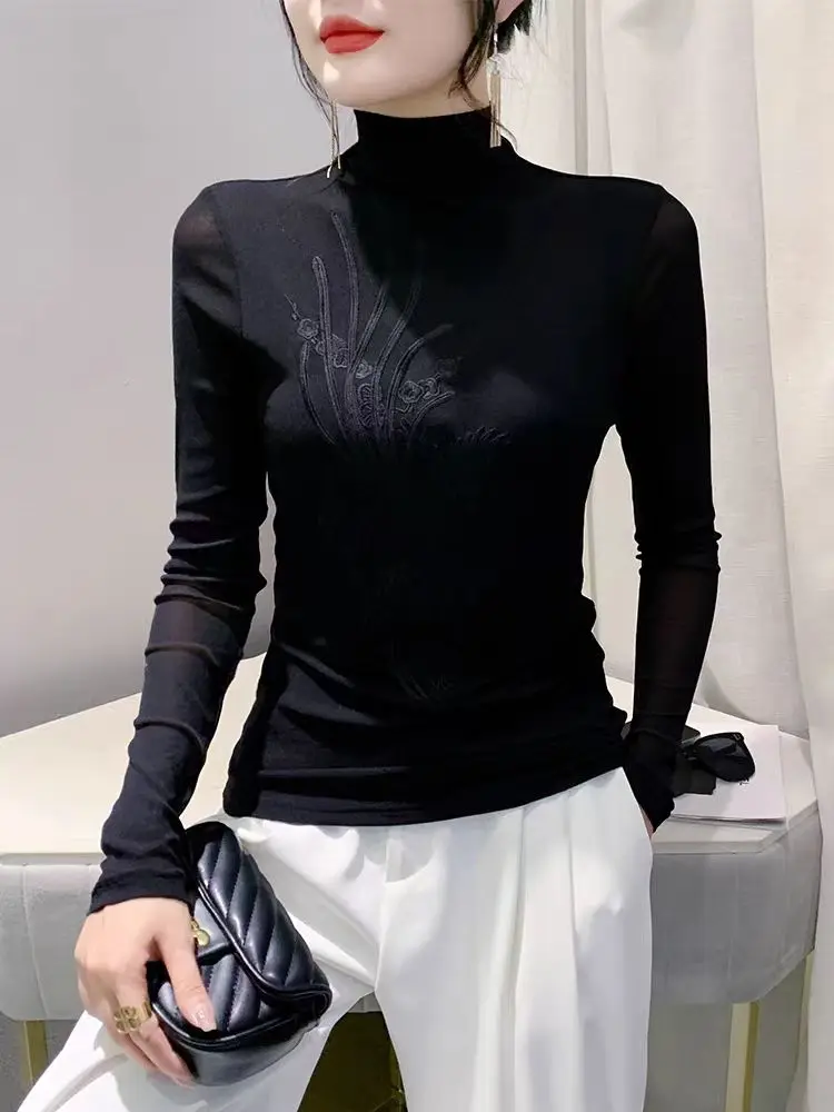 S-4XL Embroideried Floral Mesh Slim Fit High Elastic T Shirt Women Autumn Winter Solid Color Turtleneck Slim T-shirts FF0885