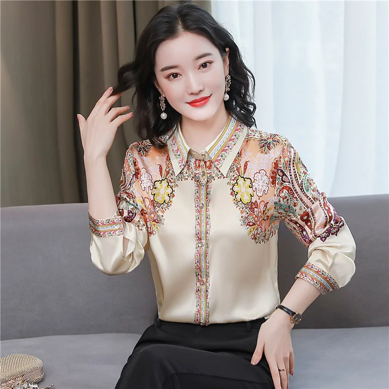 Women Summer Fashion temperament printing silk Polo-Neck 3/4 sleeve Floral Shirts women clothes trend All-match office Lady tops